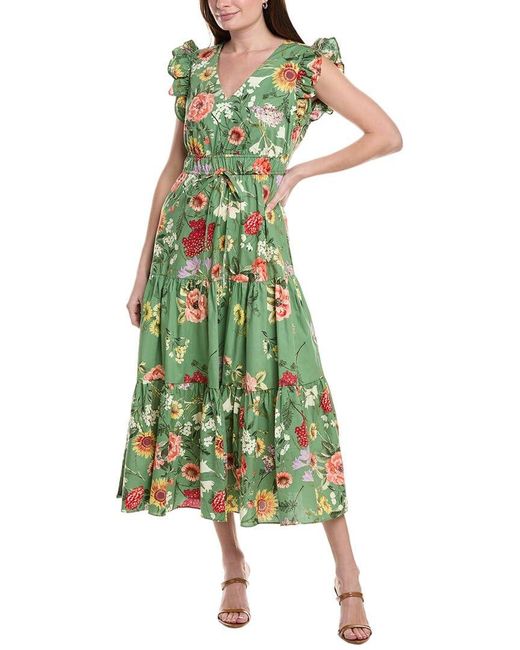 Anne Klein Women's Green Printed Poplin Drawstring Maxi Dress
