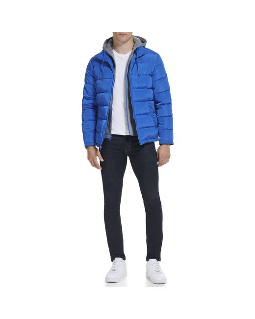 Kenneth Cole Blue Hood Puffer Angled Welt Pockets Horizontal Quilting Jacket for men
