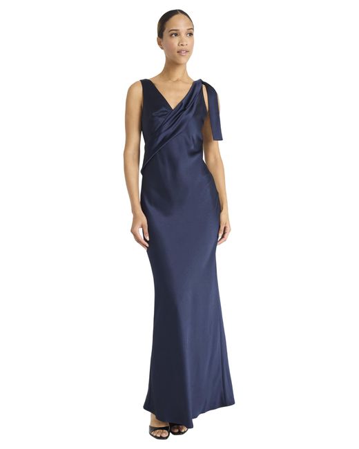 Maggy London Blue V-neck Formal Evening Gown With Bow Detail-sleeveless Open Back Pearlescent Satin Special Occasion Dress