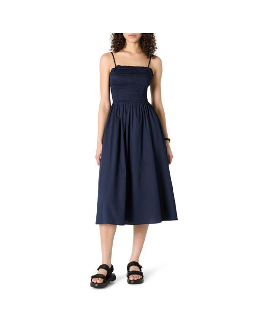 Amazon Essentials Blue Regular-Fit-Midikleid aus Baumwollsatin mit Gesmoktem Mieder