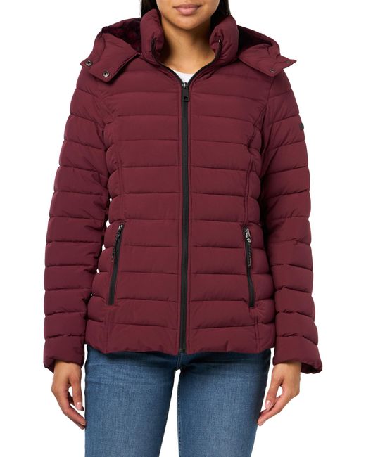 Nautica Red Short Stretch Puffer Jacket With Fur Hood