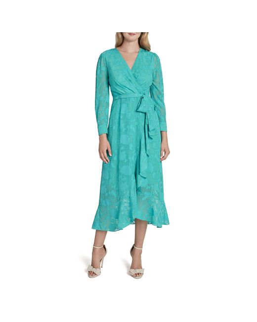Tahari Green Asl Long Sleeve Surplus Tie Waist Ruffle Skirt Dress