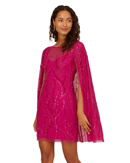 Adrianna Papell Red Beaded Short Cape Sleeve Dress