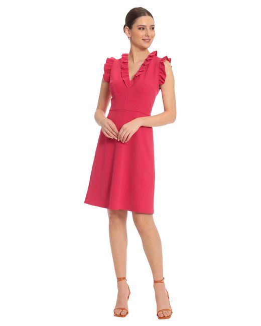Maggy London Red V-neck Dress With Ruffle Details