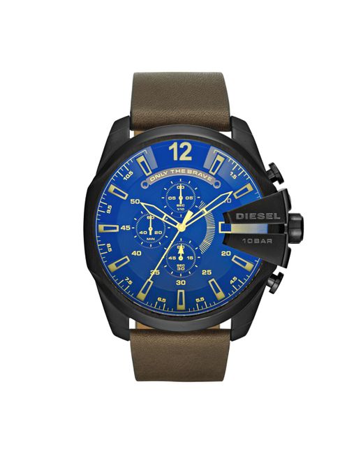 DIESEL Blue Mega Chief Stainless Steel And Leather Chronograph Watch for men