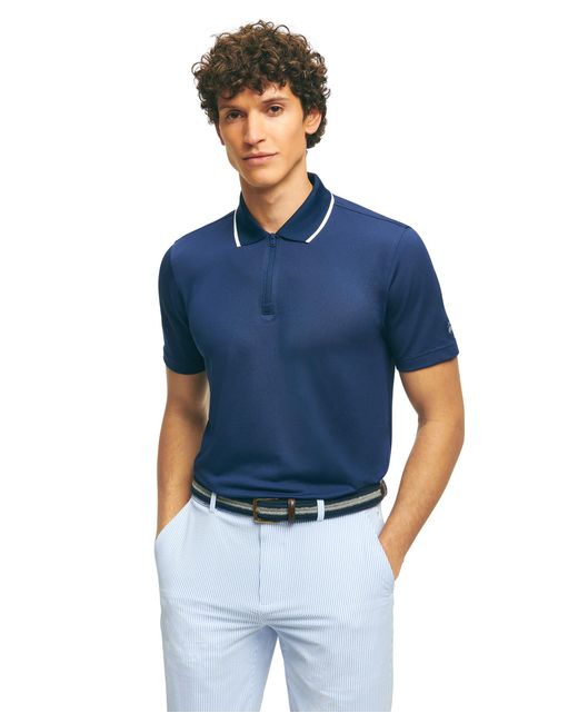 Brooks Brothers Blue Regular Fit Performance Stretch Short Sleeve Pique Golf Polo Shirt for men
