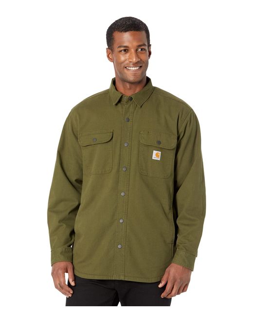 Carhartt Green Big Rugged Flex Relaxed Fit Canvas Fleece Lined Shirt Jac for men