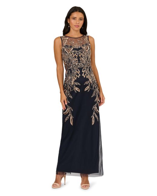 Adrianna Papell Women's Blue Studio Beaded Column Long Dress Adrianna Papell Women's Blue Studio Beaded Column Long Dress