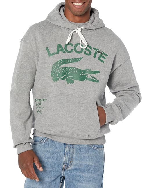 Lacoste Gray Loose Fit Crocodile Hooded Sweatshirt Core for men