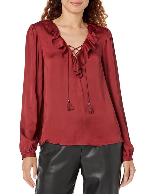 PAIGE Red Womens Ilara Blouse Long Sleeve Ruffle Detailing Tassel Trims In Burgundy Shirt