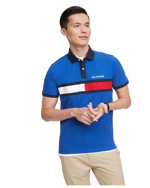 Tommy Hilfiger Short Sleeve Cotton Pique Flag Polo In Regular Fit in Blue  for Men | Lyst