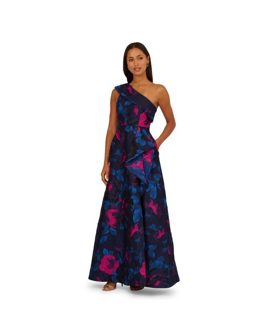 Adrianna Papell Blue One Shoulder Floral Jacquard A Line Gown