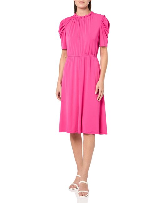 Adrianna Papell Pink Solid Knit Ruffle Neck Pleated Sleeve Midi Dress