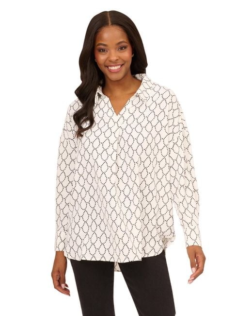 Adrianna Papell White Textured Airflow V-neck Johnny Collar Blouse