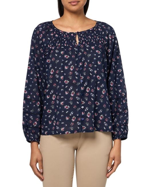Lucky Brand Blue Long Sleeve Pintuck Peasant Top