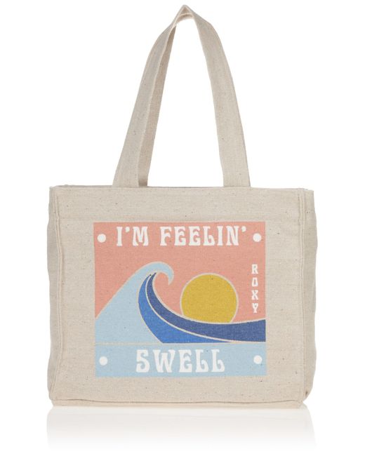 Roxy White 12l Drink The Wave Cotton Blend Printed Tote Bag