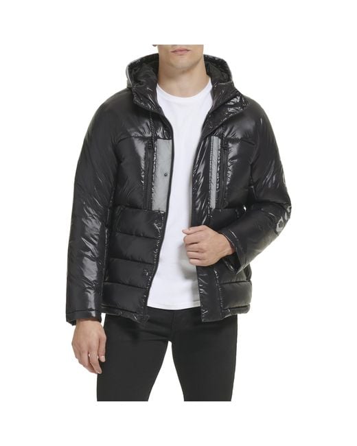 Guess Black Mid-weight Puffer Jacket With Logo Sleeve for men