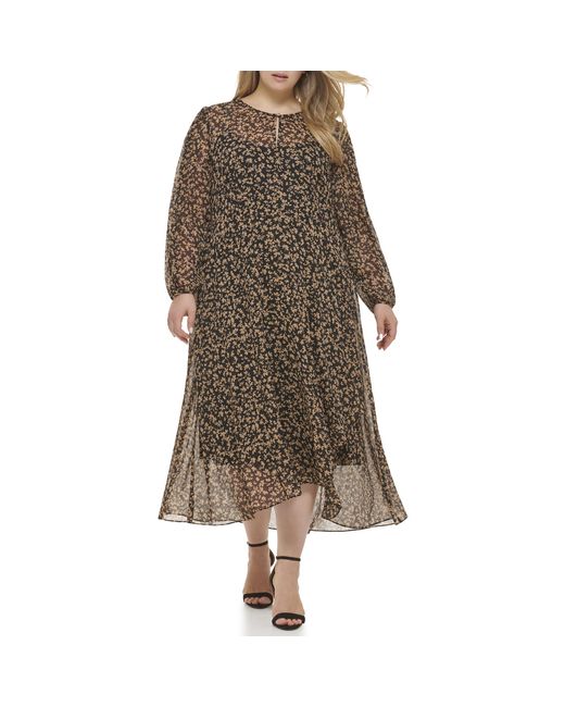 Tommy Hilfiger Brown Plus Size Floral-print Keyhole Midi Dress