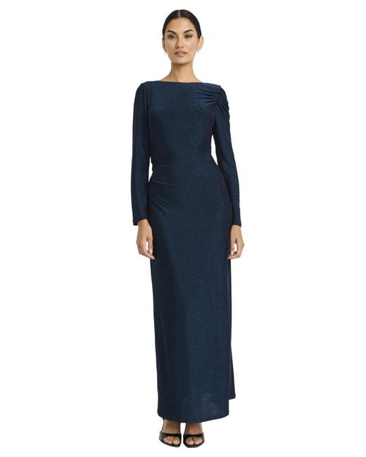 Maggy London Blue Long Sleeve Ruched Shoulder Formal Maxi-v Back Stretchy Fitted Bodice-evening Gown Dress