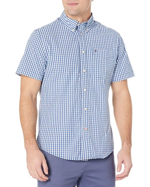 Tommy Hilfiger Blue Adaptive Magnetic Short Sleeve Button Shirt Custom Fit for men