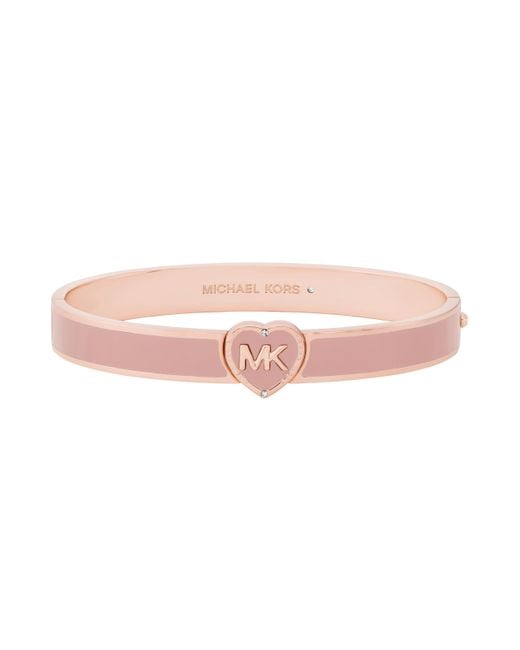 Michael Kors Mk Heart Logo Pink And Rose Gold-tone Brass Bangle Bracelet