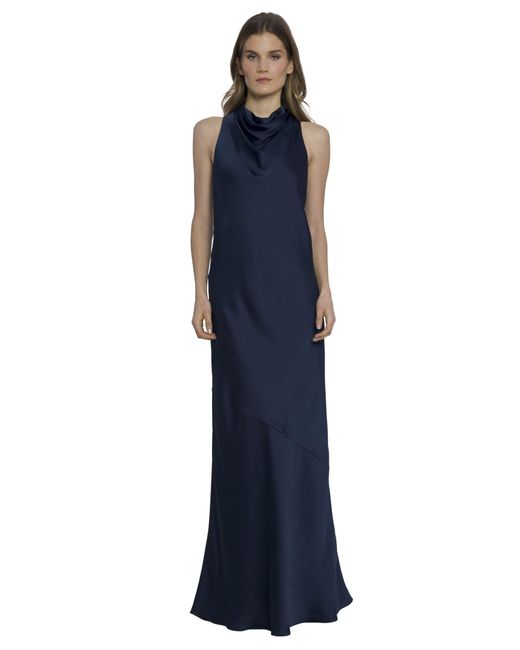 Maggy London Blue High Neck Floor Length Fit And Flare Halter Formal Dresses For