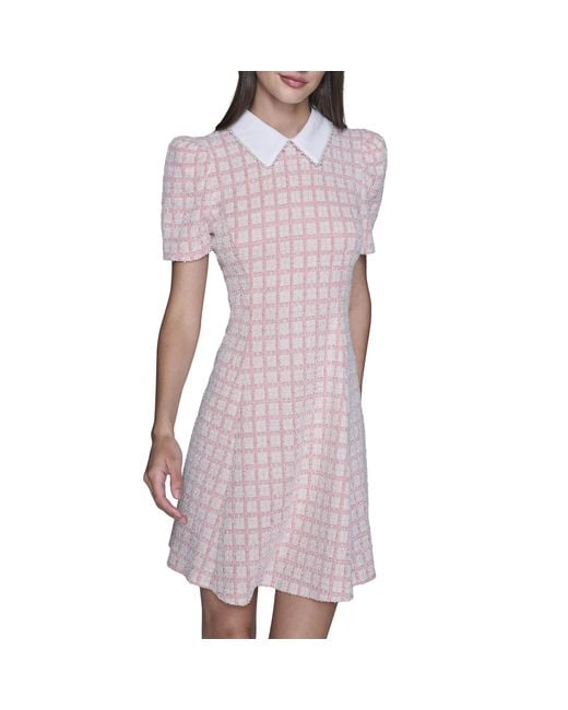 Karl Lagerfeld Purple Paris Short Sleeve Collared Tweed A-line Mini Dress