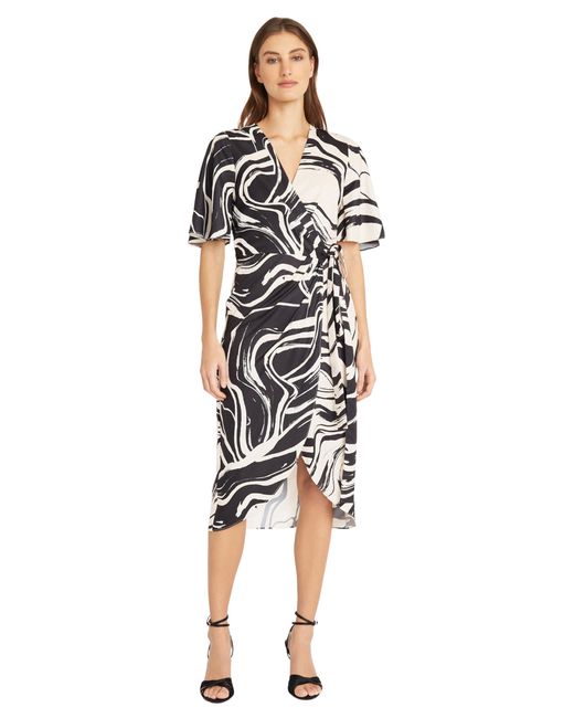 Donna Morgan Black Contrast Printed True Wrap Dress Event Occasion Guest Of