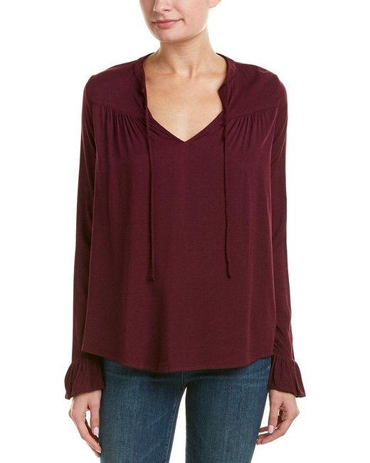 Michael Stars Womens Rylie Rayon Long Sleeve Split Neck Peasant Top