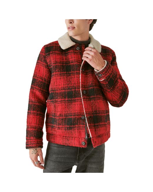 Lucky Brand Red Plaid Faux Shearling Lined Trucker Jacket for men