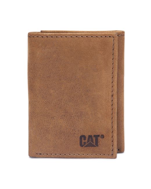 Caterpillar Brown Leather Trifold Wallet With Emboss Logo for men