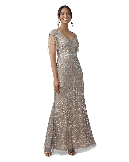 Adrianna Papell Natural Beaded Gown With Fringe