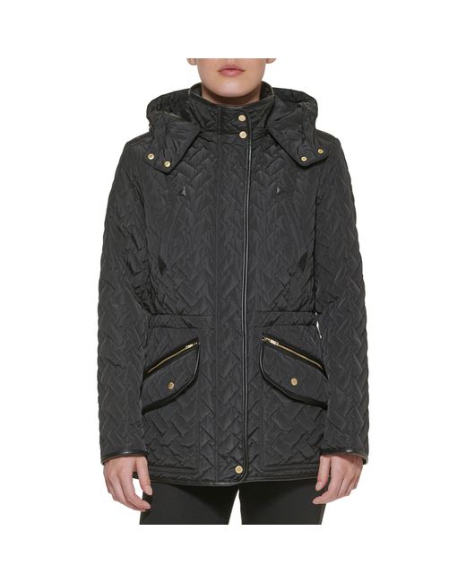 Cole Haan Black Faux Trimmed Quilted Signature Coat