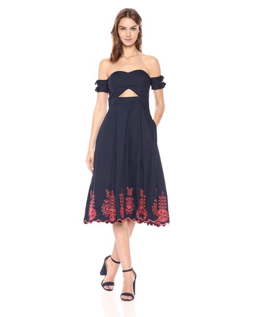 Rachel Roy Blue Off The Shoulder Embroidered Fit And Flare Dress