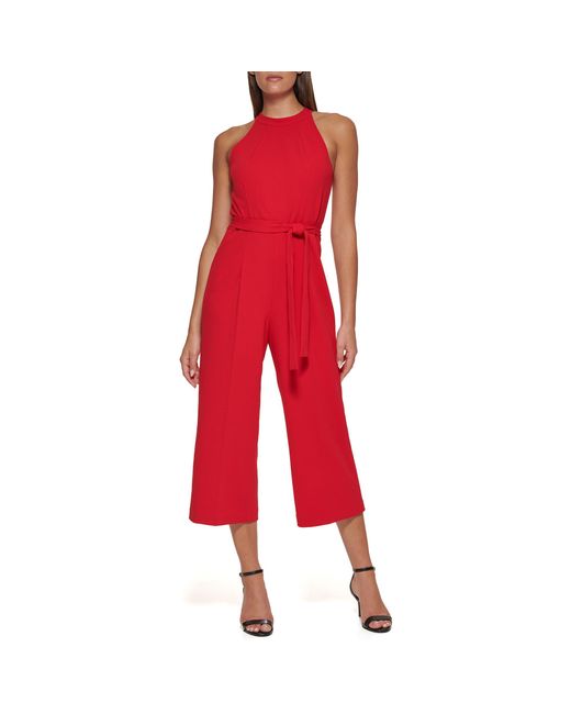 Tommy Hilfiger Red Scuba Crepe Sleeveless Belted Jumpsuit Dress