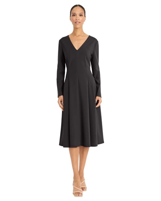 Maggy London Black V Neck Long Sleeve Midi Fit & Flare Professional Wedding Guest Dresses