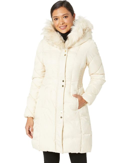 Via Spiga Natural Faux Fur Trimmed Exaggerated Hood Cinched Waist Puffer Coat