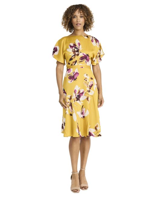 Maggy London Yellow Elegant Knee-length A-line Fluttery Sleeves-boat Neck-fitted Waist-versatile Occasion Dress