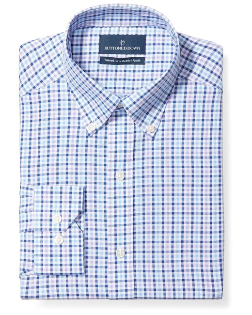 Buttoned Down Blue Tailored-fit Supima Cotton Non-iron Check Dress Shirt for men