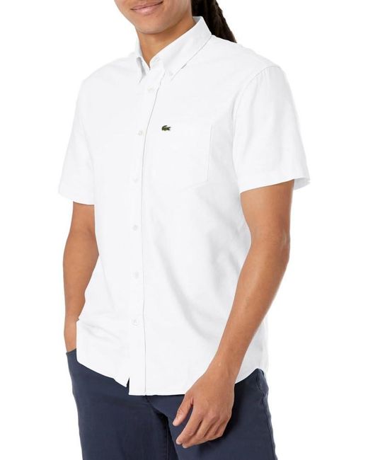 Lacoste White Short Sleeve Regular Fit Oxford Button Down Shirt for men