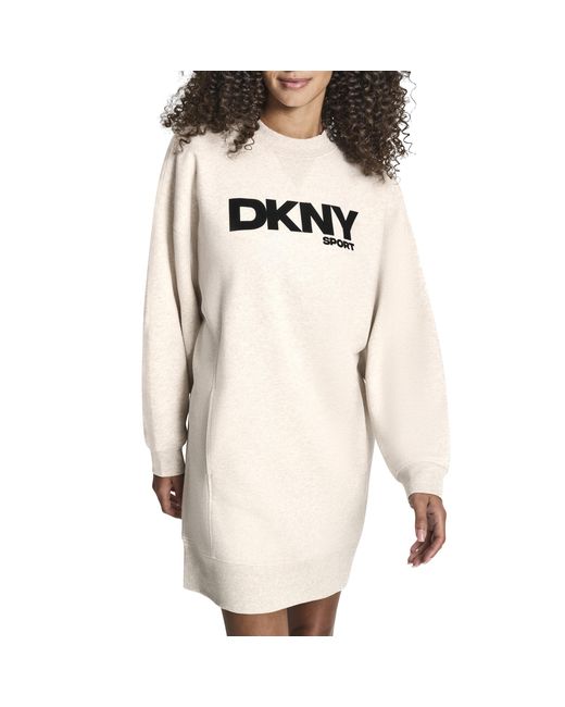 DKNY Women's Natural Long Sleeve High Neck Flocked Logo Fleece Sneaker Dress