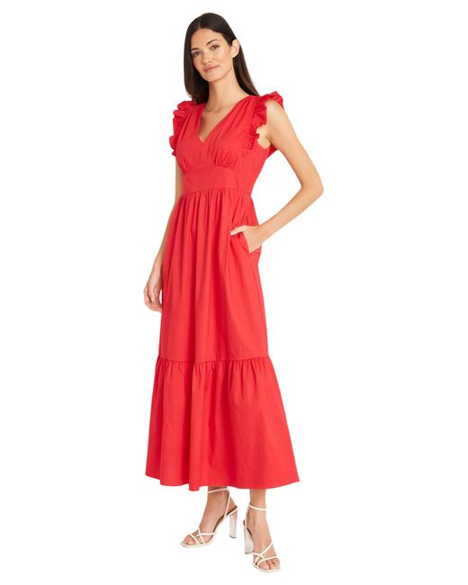 Maggy London Red V-neck Ruffle Details Cotton Poplin Maxi Dress