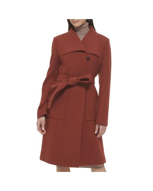 Cole Haan Red Belted Coat Wool With Cuff Details