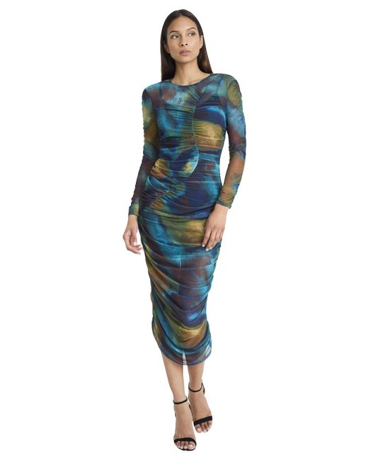 Donna Morgan Blue Ruched Bodycon Midi Long Sleeve Asymmetrical Gathered Cocktail-elegant Wedding Guest Dresses