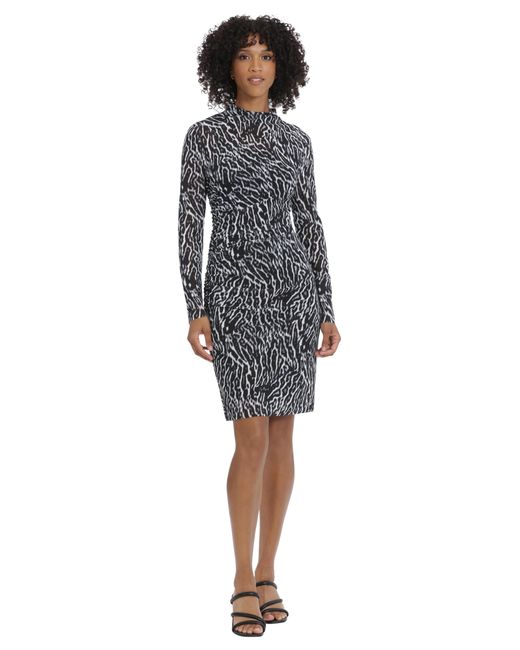 Maggy London Gray Dresses Long Sleeve Side Neck Drape Midi Dress