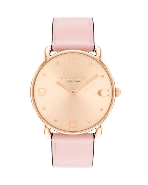 COACH Pink 2h Quartz Watch With Genuine Leather - Water Resistant 3 Atm/30 Meters - Trendy Minimalist Design For Everyday Wear