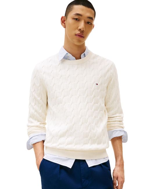 Tommy Hilfiger White Cotton Cable Crew Neck Sweater for men