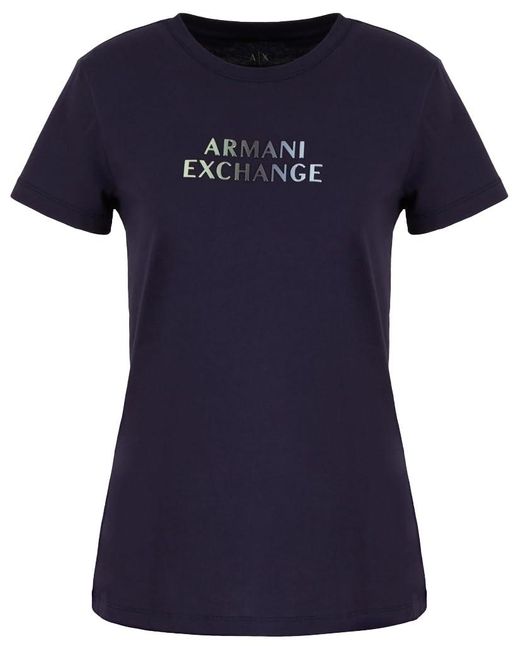 Emporio Armani Blue A | X Armani Exchange Ombre Metallic Logo Cotton Jersey T-shirt
