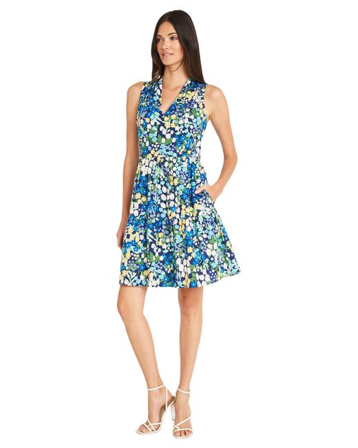 Maggy London Blue Casual V-neck Sleeveless Floral Mini Pretty Garden Summer Dresses For