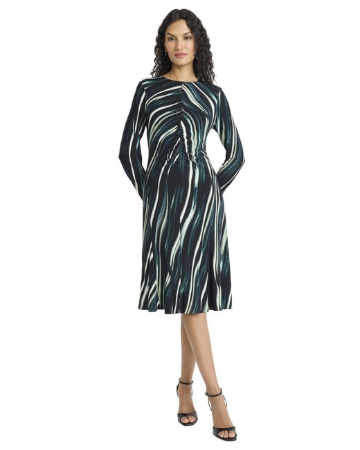 Maggy London Blue Long Sleeve Midi A-line Ruched Waist-smooth Matte Jersey Fabric-round Neck Cocktail Dresses